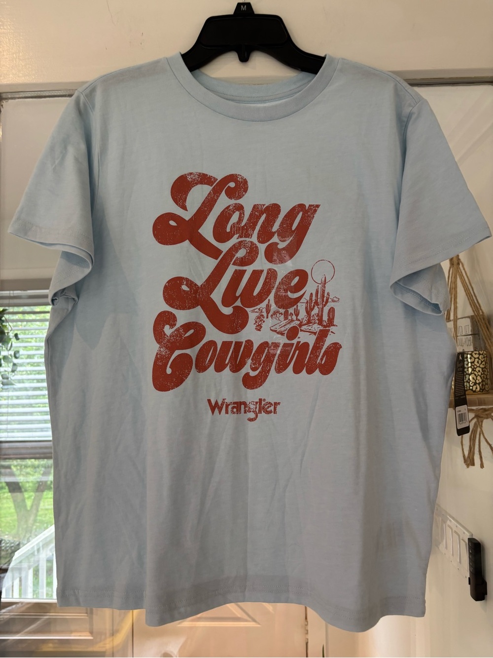 Wrangler Light Blue Short Sleeve Tee with Rust 'Long Live Cowgirls' Graphic